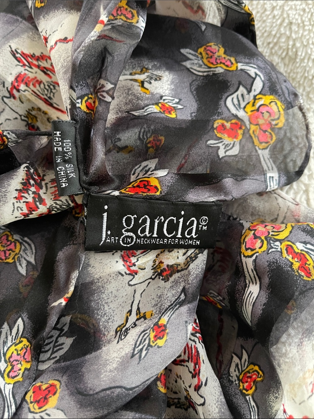J. Garcia Gray Silk Print Scarf with Red Yellow Accents Women’s